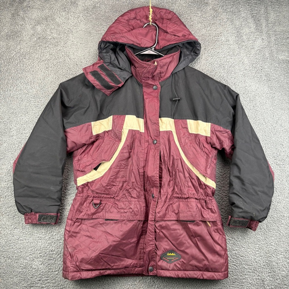 Vtg Cabelas Outdoor Gear Dry Plus Mens M Burgundy Black Insulated Hooded Jacket